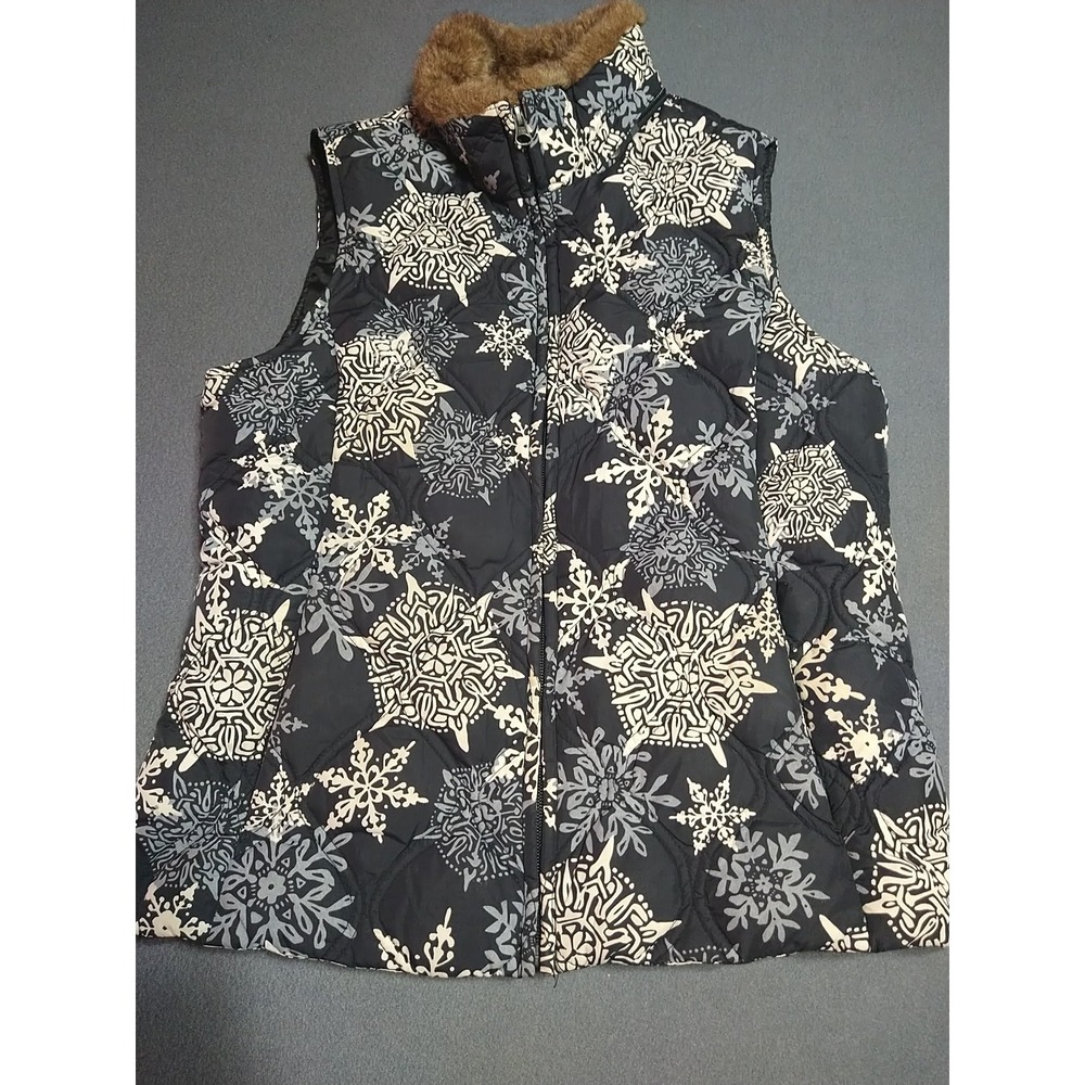 Eddie Bauer Goose Down Vest Ladies S Black Snowflakes Faux Collar Quilted Skiing